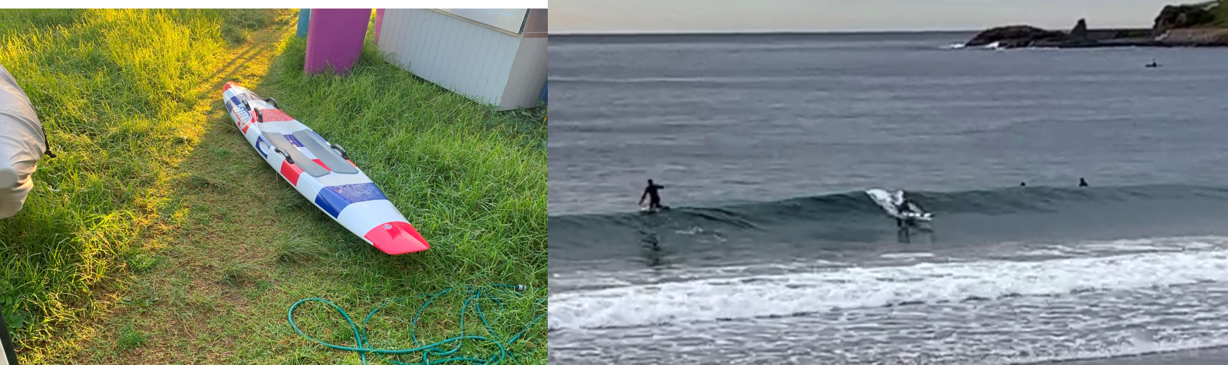 In the surf with my red, white and blue striped board