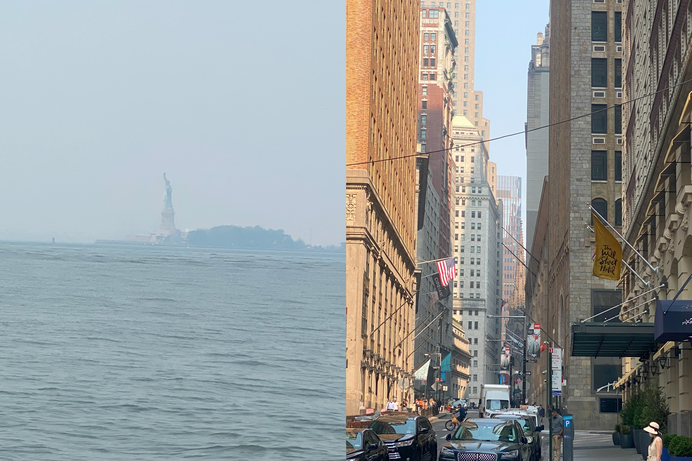 Hazy view of lady liberty &amp; wall St.